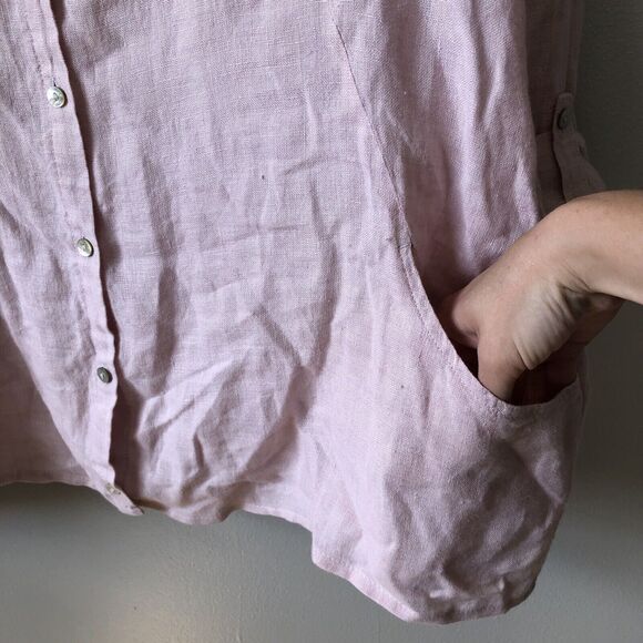 Sigrid Olsen Shirt Womens L 100% Linen Popover Tunic Pink Convertible Roll Tab - Picture 4 of 10